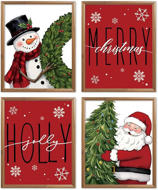 Wheatwin Christmas Decor, Merry Christmas Snowman Santa Claus Wall Art Prints Set of 4, Christmas Pictures Wall Decor for Farmhouse Living Room Bedroom Office, 8x10 (Unframed)