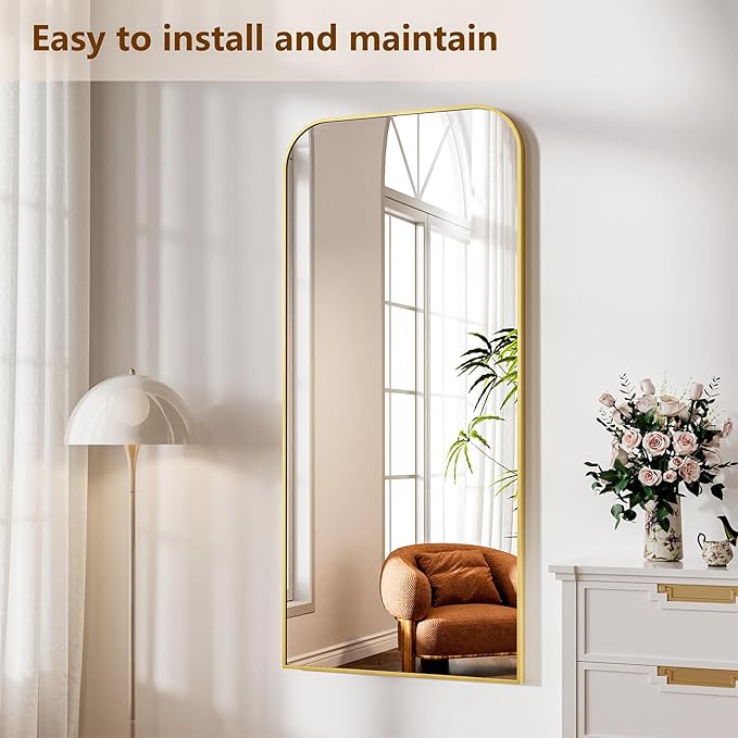 Koonmi Full Length Mirror, 65"x24" Mirror Full Length with Stand, Gold Domed Top Square-Edged Floor Mirror with Aluminum Alloy Frame for Bedroom Living Room