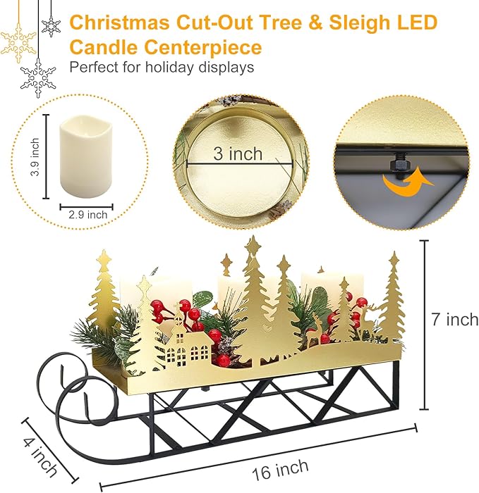 Christmas Sleigh Table Centerpieces Decorations, Xmas Gold Cut-Out Tree Sleigh LED Candle Candelabrum with Timer Holiday Candle Holder for Home Party Table Mantel Decoration