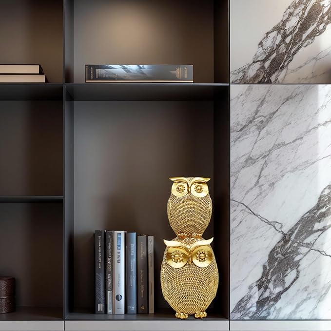 Stack Owl Statue for Home Decor, Elegant Resin Owl Figurine Collection, Unique Gift for Housewarming/Office/Christmas (9.3", Gold Glitter)