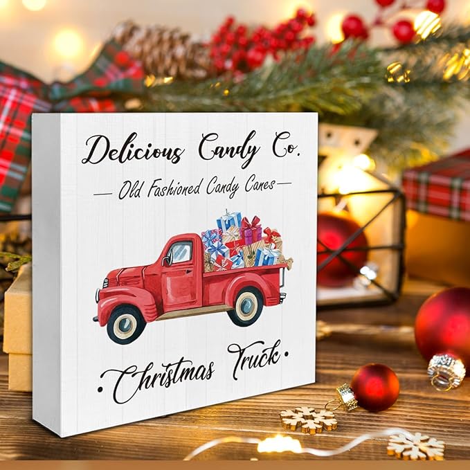 Rustic Christmas Decorations, Red Christmas Truck Wooden Sign Decor, Farmhouse Christmas Wooden Block Sign, Indoor Christmas Decor for Table Shelf 5 x 5 Inch