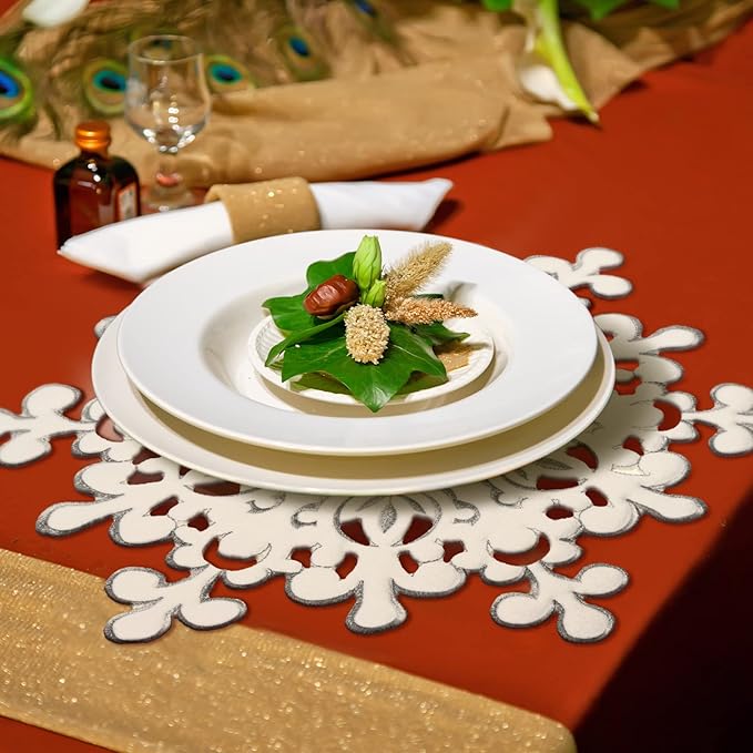 Christmas Snowflake Placemats Set of 6 White Winter Embroidered Table Placemats Washable Round Snow Flake Table Mats for Xmas Party Holiday Wedding Dinner Decoration(Snowflake Style, 14 x 14 Inch)