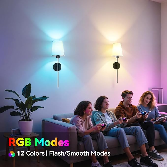 24 inch Battery Operated Wall Sconces Set of 2, Wireless Wall Lights with Rechargeable Bulbs & Remote, 15 Colors & Dimmable, Battery Powered Wall Lights for Bedroom, Living Room, Hallway, Black