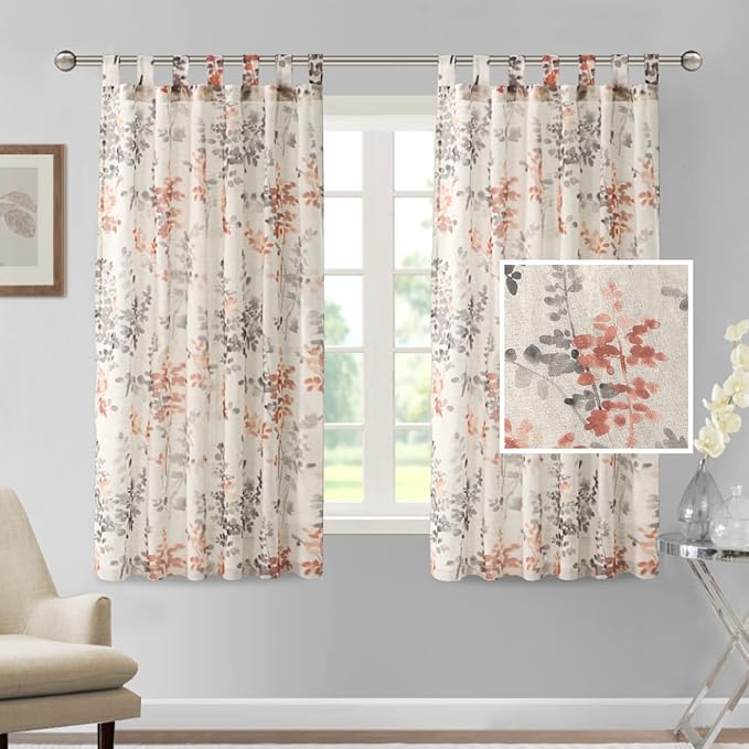 H.VERSAILTEX Linen Sheer Curtains for Living Room Sheer Panels 63 Inches Long Light Filtering Tab Top Window Treatment Drapes for Bedroom, 2 Panels, Vintage Classical Floral Print Coral and Taupe