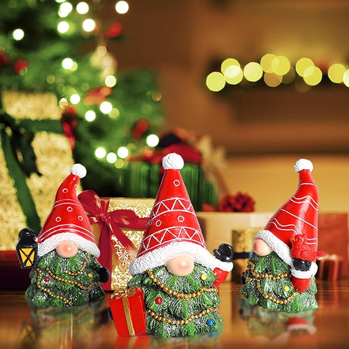 MorTime Set of 3 Christmas Gnomes Table Decorations, Resin Gnome with Gift Box Xmas Tree Centerpieces for Desk Shelf Fireplace Winter Holiday Christmas Decor
