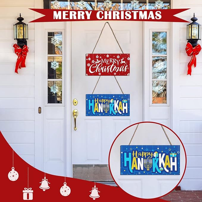 2 Pieces Merry Christmas Sign Hanukkah Blue Hanging Sign Decoration Wooden Hanukkah Door Decorations Xmas Wood Sign with Hanging Rope for Jew Holiday Wall Front Door Porch Decor, 9.84 x 4.72 Inch