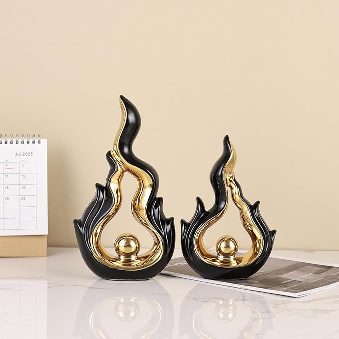 2 Pcs Black and Gold Ceramic Sculptures for Home Decor, Modern Abstract Art Statues, Centerpieces for Dining Room Table, Living Room, Shelf, Mantel, Coffee Table, Entryway Accent Decorations