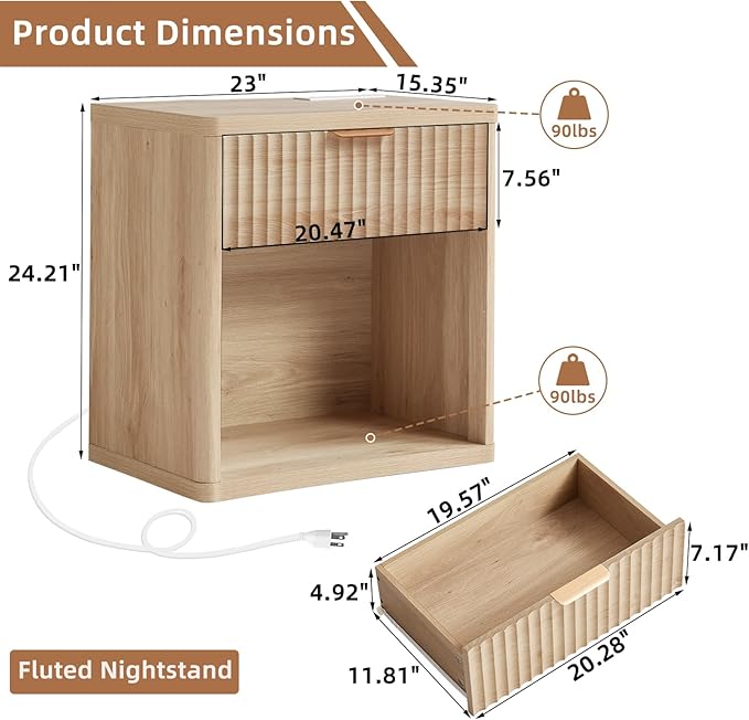 LEYAOYAO Fluted Nightstand with Charging Station, 23" Wide 1 Drawers End Table,Natural Night Stand with Open Storage Cabinet, Farmhouse Bed Side Tables, Wood Dresser for Bedroom, Living Room, Closet