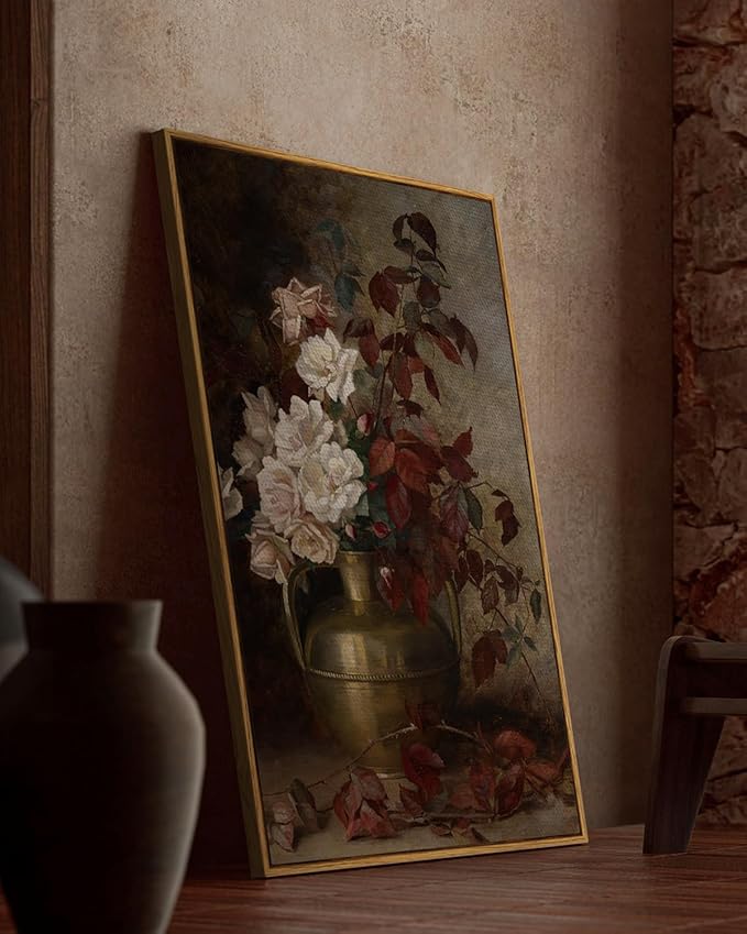 VIYYIEA Vintage Floral Large Framed Wall Art, Rose Bouquet Flower Paintings Decor Aesthetic, 24x36 Inch Canvas Print Artwork, Still Life Retro Wall Pictures for Bedroom Living Room