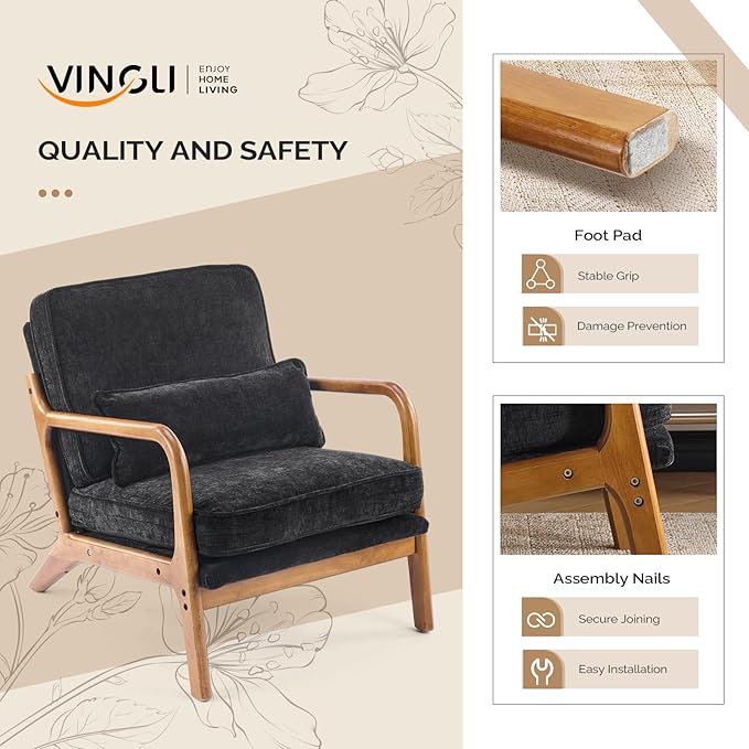 VINGLI Chenille Mid-Century Modern Accent Chair Set of 2, Cute Reading Arm Chair with Cushion & Lumbar Pillow & Solid Wood Frame for Lounge, Living Room, Reading Room, Bedroom, Black