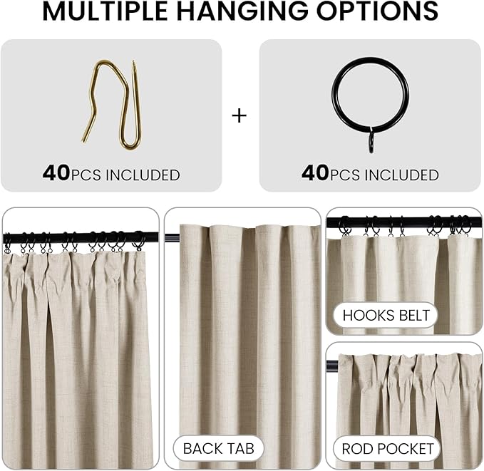 100% Blackout Curtains 96 inches Length Linen Blend Bedroom Curtains, Rod Pocket Back Tab Black Out Window Curtain Set Living Room Curtains, Full Blackout Curtains 2 Panels Drape, Natural