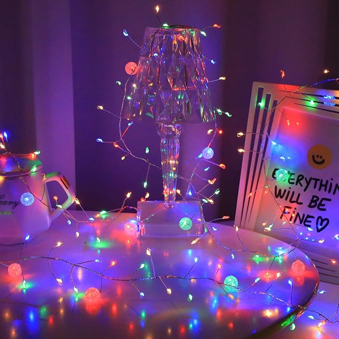 Battery Operated & USB Fairy Lights with Remote,10FT 200LED Cluster Lights Christmas Waterproof Twinkly Globe String Lights for Christmas Tree Copper Wire Firecracker Light for Bedroom Indoor Decor