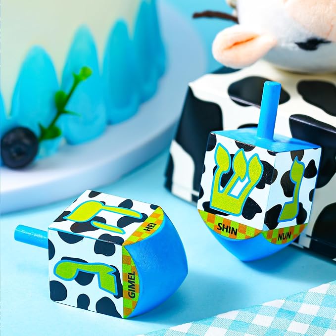 2 Pcs Hanukkah Dreidels Game Toy Extra Large Wooden Dreidel for Hanukkah Decoration with English Transliteration, Forever Spinning Tops Party Favors(Cow Print)