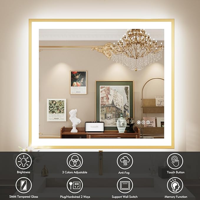 40x36 LED Mirror for Bathroom with Gold Frame, Backlit and Front Lighted Bathroom Mirrors for Wall, Stepless Dimmable Vanity Mirror with Lights, Anti-Fog, Memory,Shatterproof