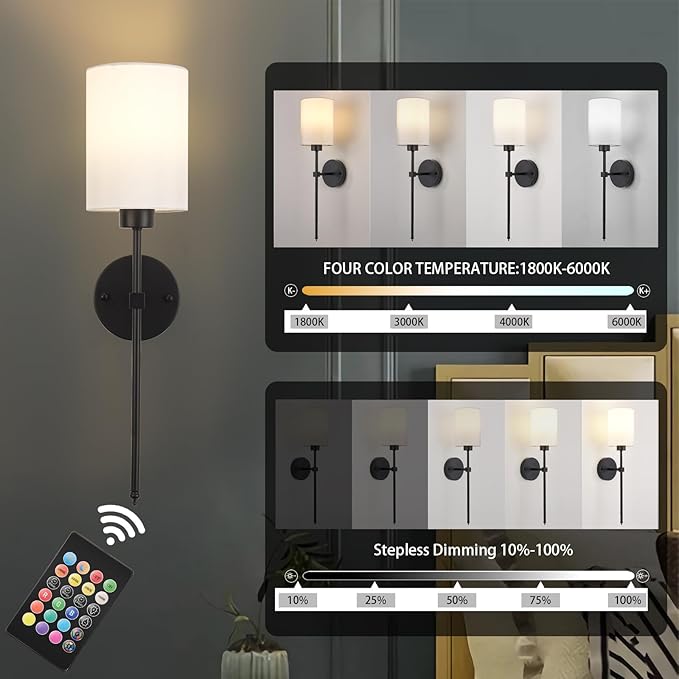 Battery Operated Wall Sconce Set of Two,Wireless Rechargeable Wall Light With Remote Control, Dimmable, 1800K/3000K/4000K/6000K/RGB, Timer, for Living Room, Bedroom, Fireplace, TV, 26.8 Inch, Black