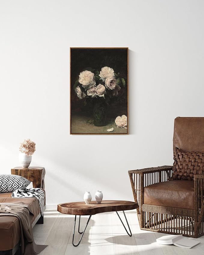 VIYYIEA Vintage Floral Large Framed Wall Art, Rose Flower Paintings Art Decor Room Aesthetic, Canvas Print Artwork, Retro Still Life Wall Pictures for Bedroom Bathroom Office, 20x30 Inch