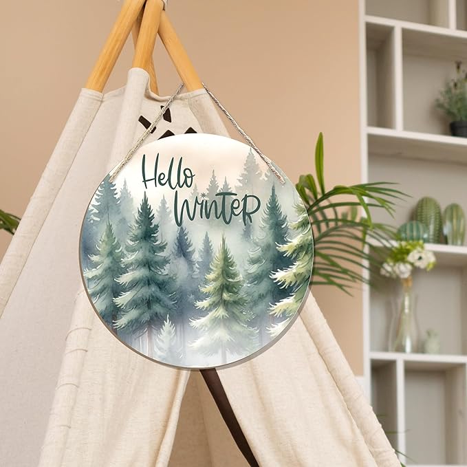 CGBHW Hello Winter Welcome Forest Wooden Sign, Winter Farmhouse Pine Trees Holiday Seasonal Decoration Hanging Sign Wall Decor, Rustic Christmas Wooden Sign for Home Office Nursery Door Decor 12 x 12 Inch