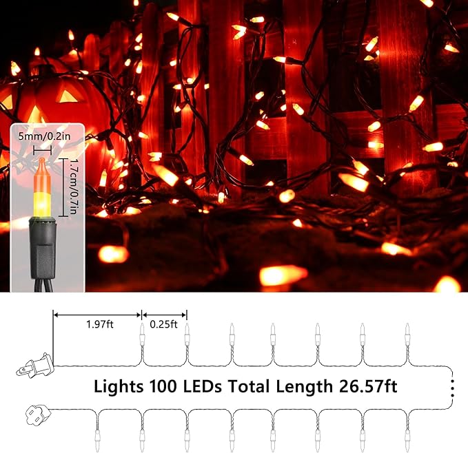 Toodour Candy Corn Halloween Lights, 25ft 100 Count Incandescent Halloween String Lights, UL Certified Connectable Mini Bulbs Yellow & Orange Light for Home, Garden, Porch, Party, Yard, Indoor Decor