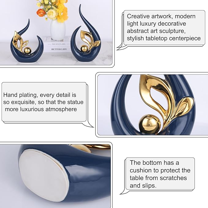 13" H Blue Gold Abstract Sculptures Home Decor, Ceramic Art Statue Cool Stuff to Put on Shelves&tv Stand Decor, Gold Accent Entertainment Center, for Fireplace Coffee Table Dining Table Decorate