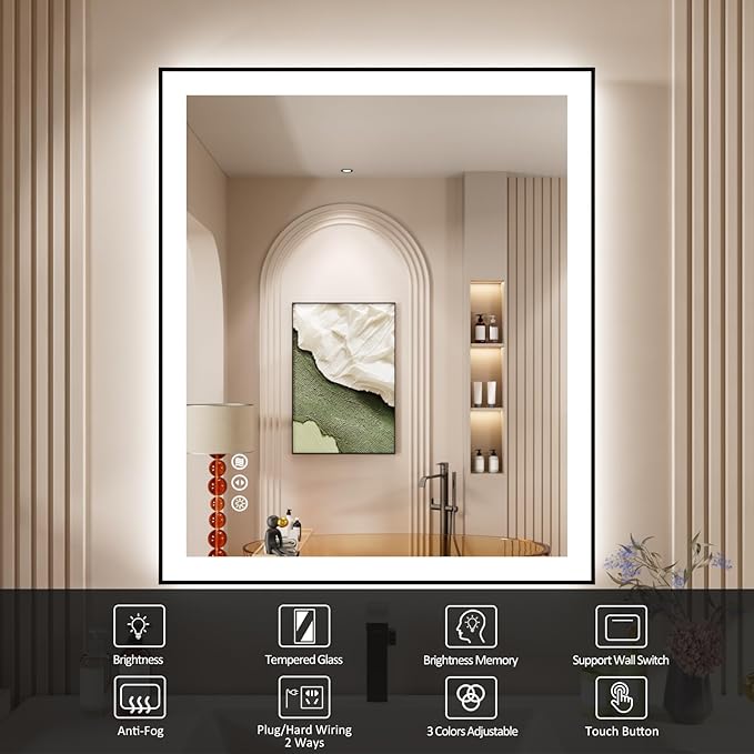 30x36 Inch LED Bathroom Mirror with Black Frame, Backlit and Front Lighted Bathroom Mirrors for Wall, Anti-Fog, Dimmable, Memory, Shatterproof, LED Vanity Mirror for Bathroom