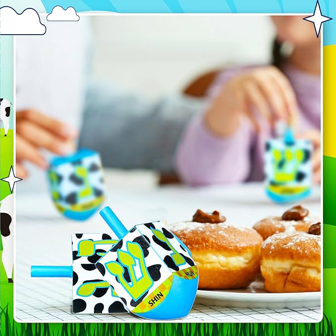 2 Pcs Hanukkah Dreidels Game Toy Extra Large Wooden Dreidel for Hanukkah Decoration with English Transliteration, Forever Spinning Tops Party Favors(Cow Print)