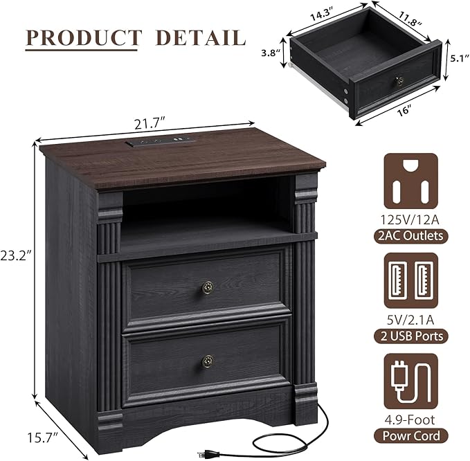 Yaamizz Farmhouse Nightstands Set of 2 with Charging Station, Table with Drawer and Storage Shelf, Wood Pilasters and Metal Handles, Vintage Design, Organizer for Bedroom, Hallway, Black