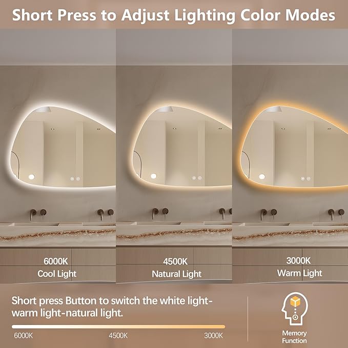 Niccy Irregular LED Bathroom Mirror, 30"x48" Asymmetrical Backlit Vanity Wall Mirrors, Frameless Lighted Mirrors for Bedroom, Living Room, Modern Smart-Mirror with Anti-Fog, Dimmable, Memory Function