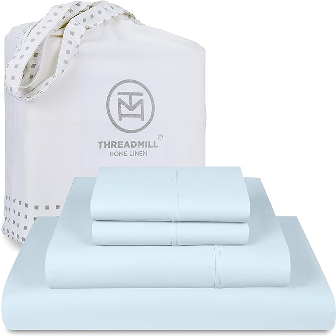 Threadmill Luxury 800 Thread Count King 100% Cotton Sheets - Light Blue Sateen Weave Bed-Sheets, Better Than Egyptian Cotton,4 Pc Solid Soft Bedding Set, Fits 16" Deep Pocket