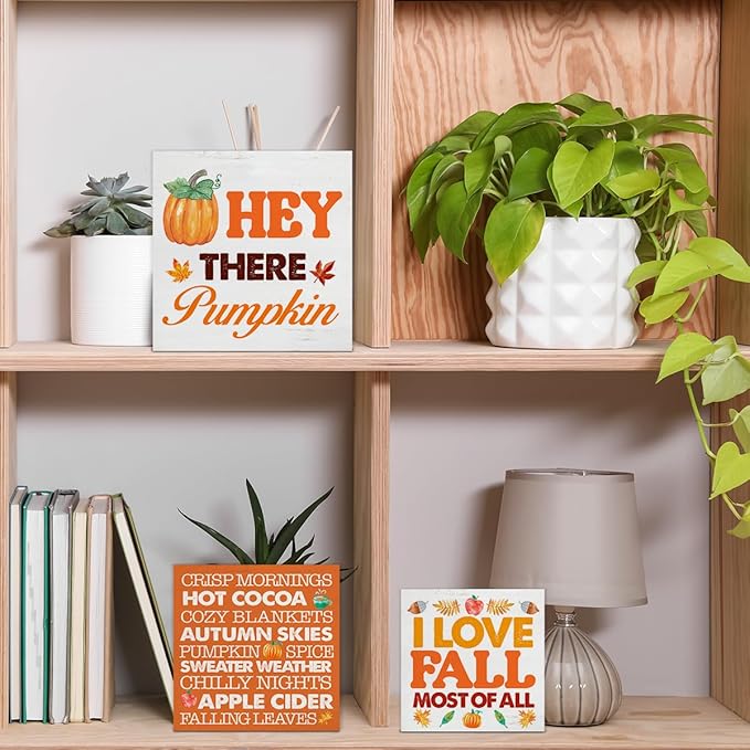 3 Pcs Fall Wood Signs Decor Autumn Wood Block Signs Farmhouse Fall Pumpkins Leaves I Love Fall Most of All Wooden Box Signs Home Decorations for Kitchen Tiered Tray Desk Table Shelf