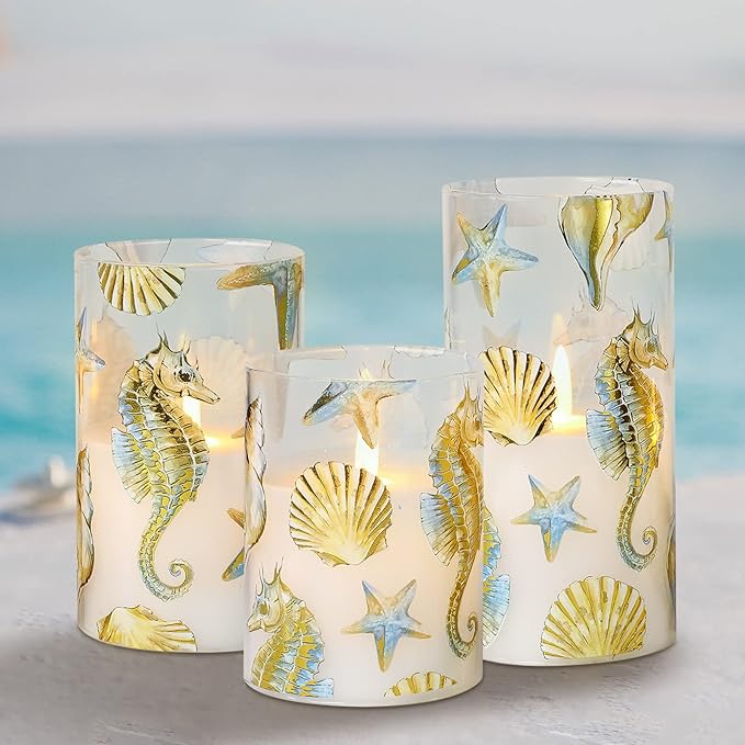 Flameless Candles x3 with Set Remote Christmas Bronzing Glass Golden Seahorse Shell Starfish Ocean Timer 24hrs-Cycled Home Decor Gift Wedding Party Room Table Centerpieces