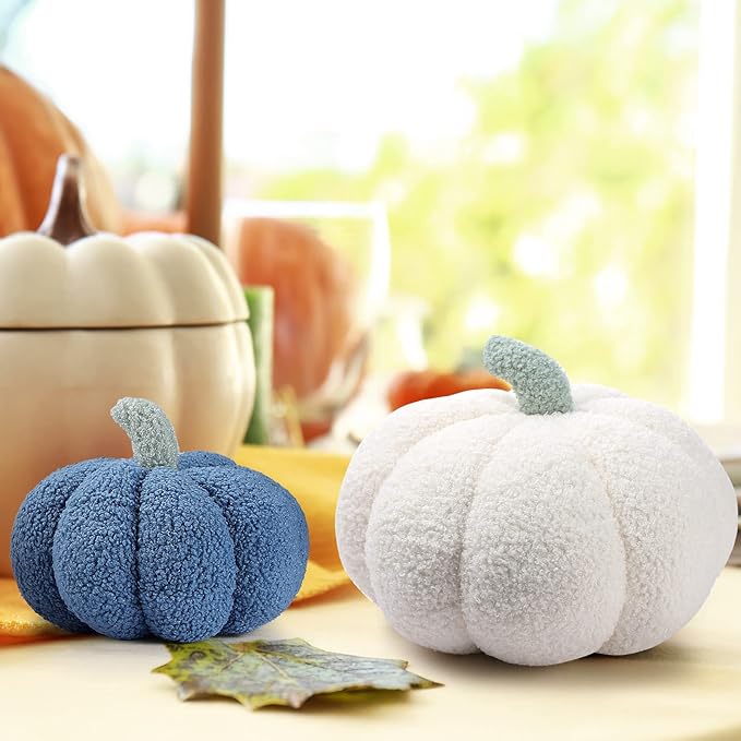 Kajaia 4 Pcs Fall Decor Pumpkin Throw Pillow Fall Pillow 11 Inches 7 Inches 3D Cushion Thanksgiving Sherpa Plush Fluffy Stuffed for Autumn Halloween Christmas Home Sofa(White, Blue, Gray, Brown)