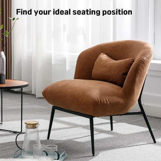 DUOMAY Modern Accent Chair, PU Upholstered Leisure Chair Single Sofa Chair Lounge Chair with Lumbar Pillow Metal Legs Slipper Chair for Living Room Bedroom Office, Brown