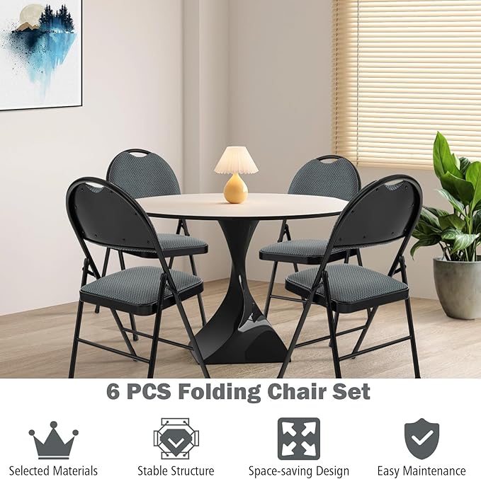 POWERSTONE Folding Chairs, Foldable Chair Set with Padded, Handle Hole and Metal Frame Dining Chair Set for Indoor and Outdoor, School, Office and Garden Party (6, Grey+Black)
