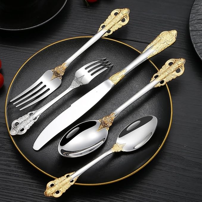 20-Pcs Luxury Silverware Set, Royal Flatware Set, Modern 304 Stainless Steel Flatware, Cutlery, Tableware (Gold & Silver, 20)