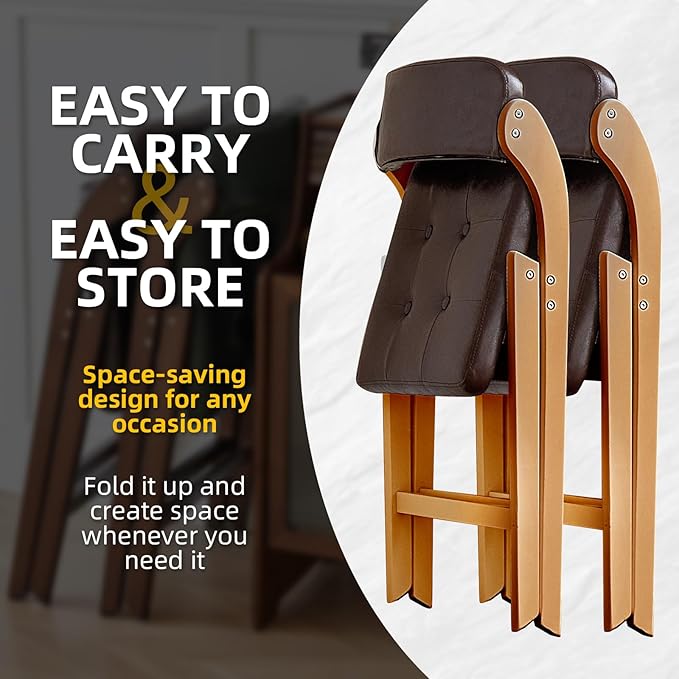 2 Pack Wooden Folding Chair with Padded Seat Stackable Wooden Foldable Chair, Folding Chairs with Cushion for Guests Kitchen, Bedroom, Office, Wedding, Library, Party, Picnic (Natural Brown)
