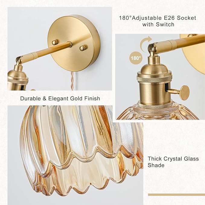 Plug in Wall Sconce, Vintage Sconce Light with Tulip Amber Glass Lampshade, 180° Adjustable Wall Sconce with Switch and Plug in Wall Lamp Cord, Gold Wall Light for Bedroom Bedside