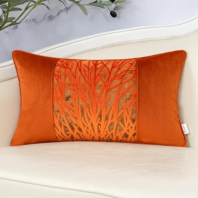Yangest Orange Throw Pillow Cover Velvet Cushion Cover Branches Rectangular Pillowcase for Sofa Couch Bedroom Living Room, 12x20 Inch