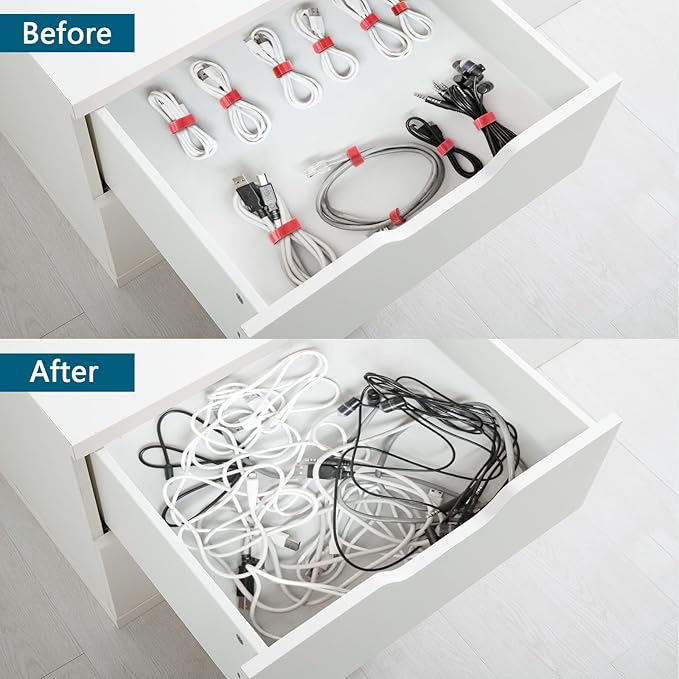 50PCS Reusable Adjustable Cable Ties, Microfiber Cloth for Computer Cable Management (Red)