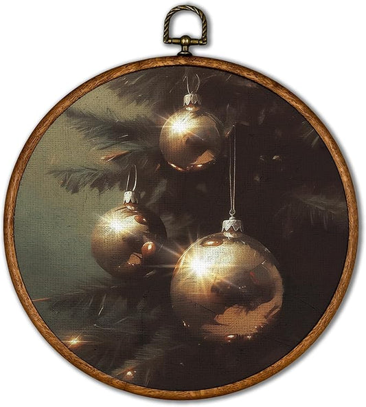 KSDUT Vintage Christmas Wall Decor Art - Vintage Christmas Ornaments Wall Art Canvas Frame Hanging Prints, Merry Xmas Holiday Round Wall Art Decor for Home Farmhouse Decorations 10"x10"