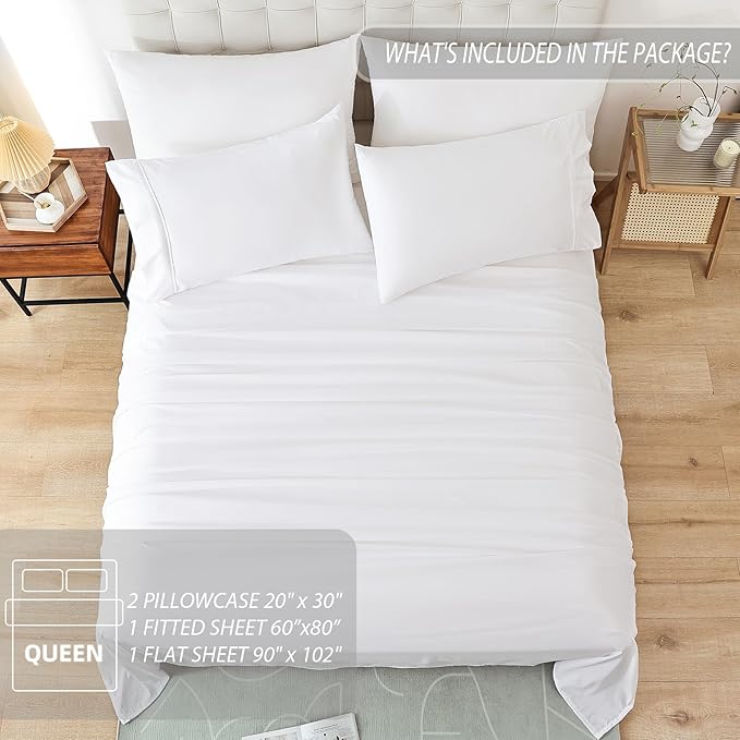 Queen Sheet Set White, Super Soft Microfiber Bed Sheets Queen Size Extra Deep Pocket, Hotel Cooling Bedding Sets, Wrinkle Free Oeko-Tex, 4 Piece