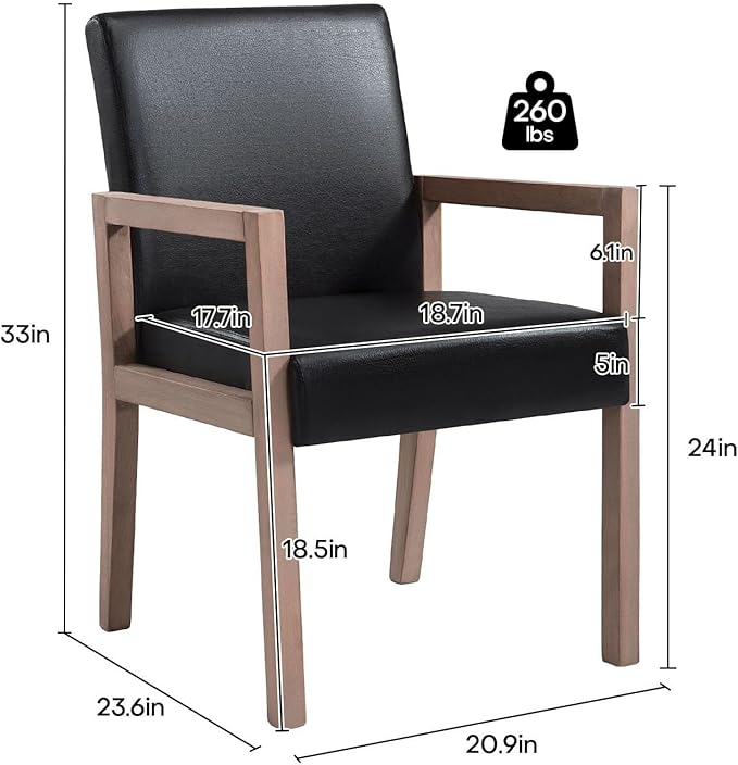 Black Dining Chairs, Upholstered Faux Leather Dining Chairs with Arms, Mid Century Modern Accent Chairs for Living Room Arm Chairs with Wood Frame (1, Black with Wood Arms)