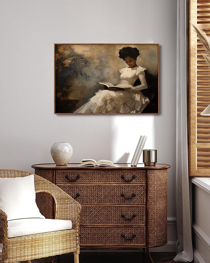 KISSFOX Vintage Portrait Framed Wall Art African American Canvas Wall Art Neutral Rustic Woman Reading Paintings Artwork Serene Countryside Art Prints For Bedroom Living Room