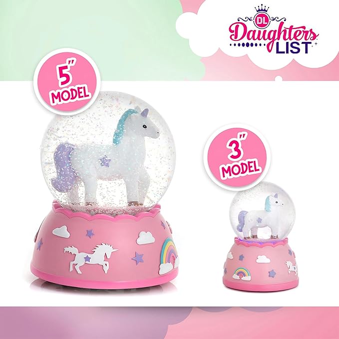 Miniature Shatterproof Unicorn Snow Globe - Handpainted Plastic Globe with Lights, Sparkling Glitter Ornament, Gift Idea for Birthday, Christmas, Very Small for Toddlers