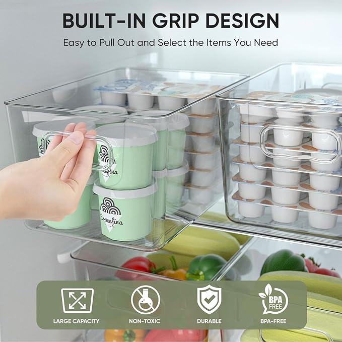 BALEINE Clear Plastic Storage Bins, Pantry Organization, BPA Free Stackable Refrigerator Organizers and Storage with Handles for Kitchen Fridge Cabinet Bathroom (8PK, 9.5x5.5x4.5)
