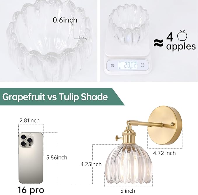Vintage Wall Sconces with Cute Transparent Tulip Glass Lampshade 180 Degree Adjustable Brass Sconces Hradwired Modern Wall Lighting Fixture with Switch for Bedside Bedroom Doorway