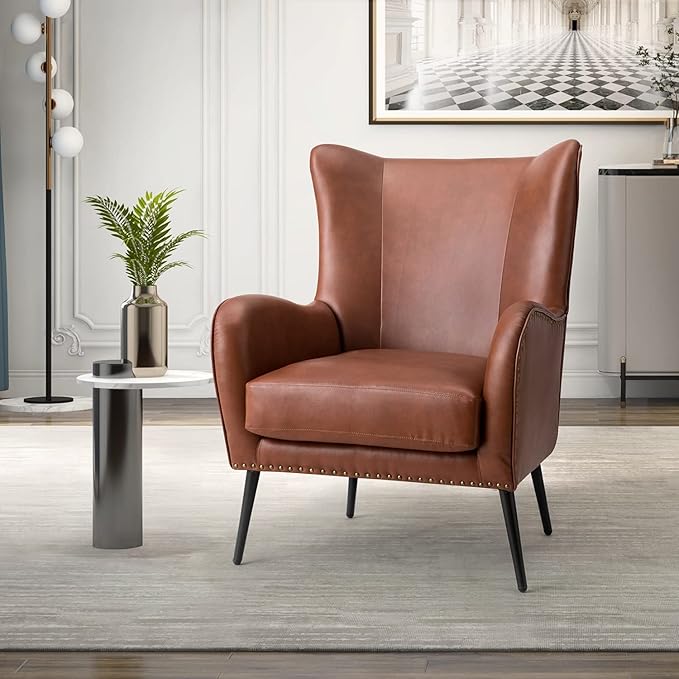 HULALA Home Faux Leather Accent Chair w/Removable Cushion, Comfy Upholstered Armchair with Black Metal Legs & Nailhead Trim Wingback Vanity Chair Desk Chair for Reading Living Room Bedroom, Brown