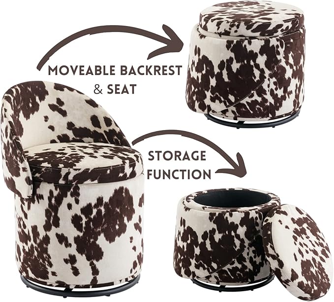 Modern Swivel Ottoman Vanity Chair, Linen Upholstered Barrel Club 360°Degree Swivel Side Stool with Storage, Comfy Makeup Stool for Bedroom Living Room, Milk Cow