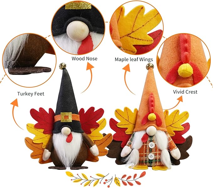 CRCZK Turkey Fall Gnome, Thanksgiving Gnome Decorations, 2Pack Handmade Swedish Tomte Gnomes with Maple Leaves Wings Harvest Gnome Plush Scandinavian Figurine Nordic Gnomes Holiday Decor Gifts