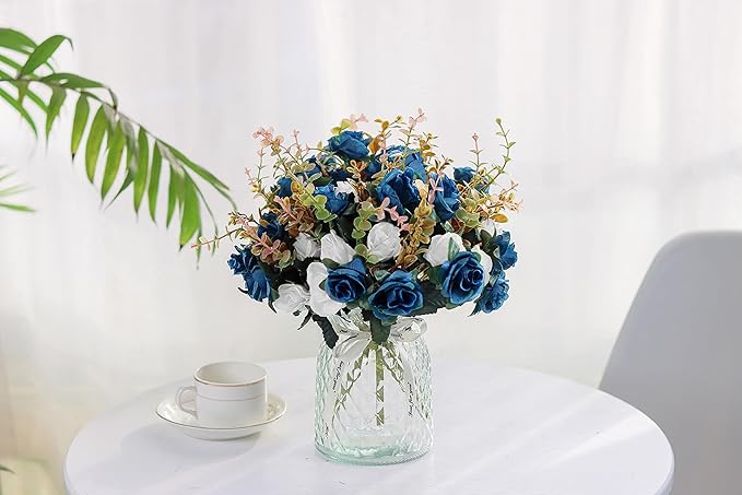 Artificial Flowers,2 Packs of Artificial Roses.24 Little Rose Silk Flowers. Plastic Flowers,Plants for Home Hotel Wedding Christmas Tables Decorations.Cemetery Flowers Dark Blue