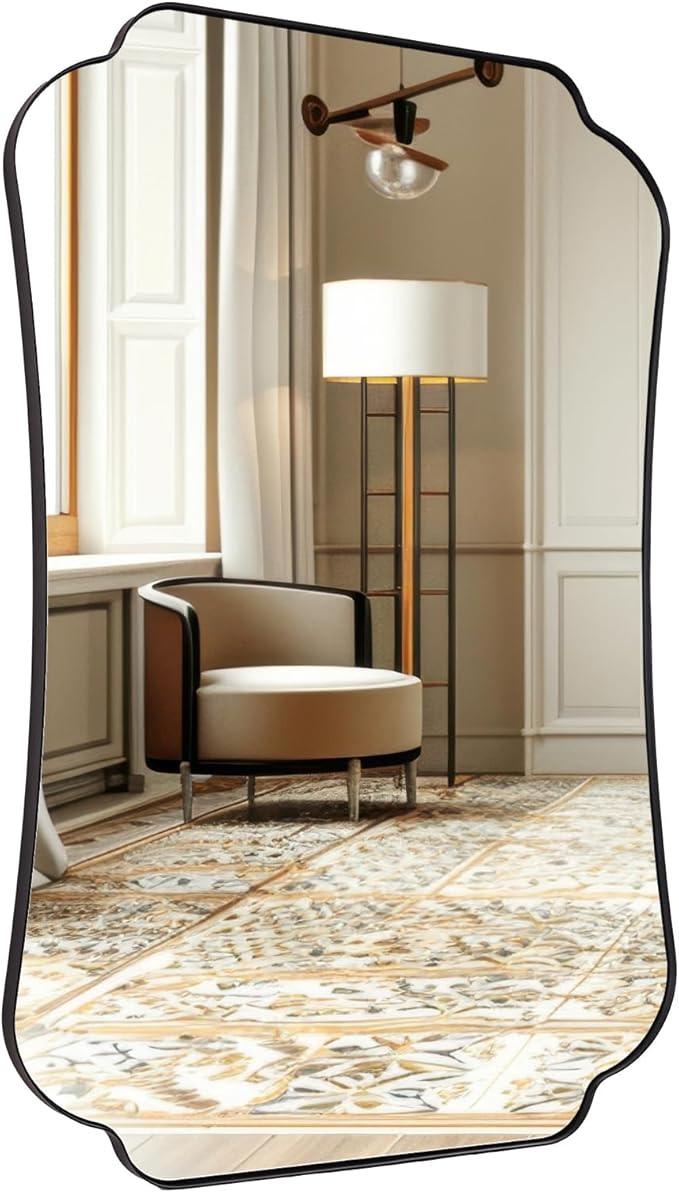 ANDY STAR Bathroom Vanity Mirror, 24x36 Matte Black Rectangle Mirror with Scalloped Round Corner, Vintage Asymmetrical Metal Wall Mirror for Entryway, Living Room